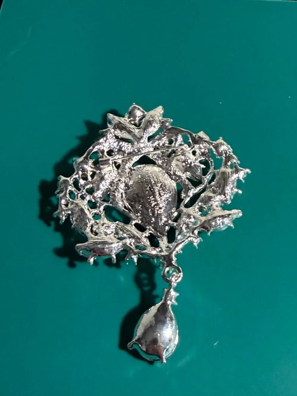 Silver-Tone Rhinestone Teardrop Brooch